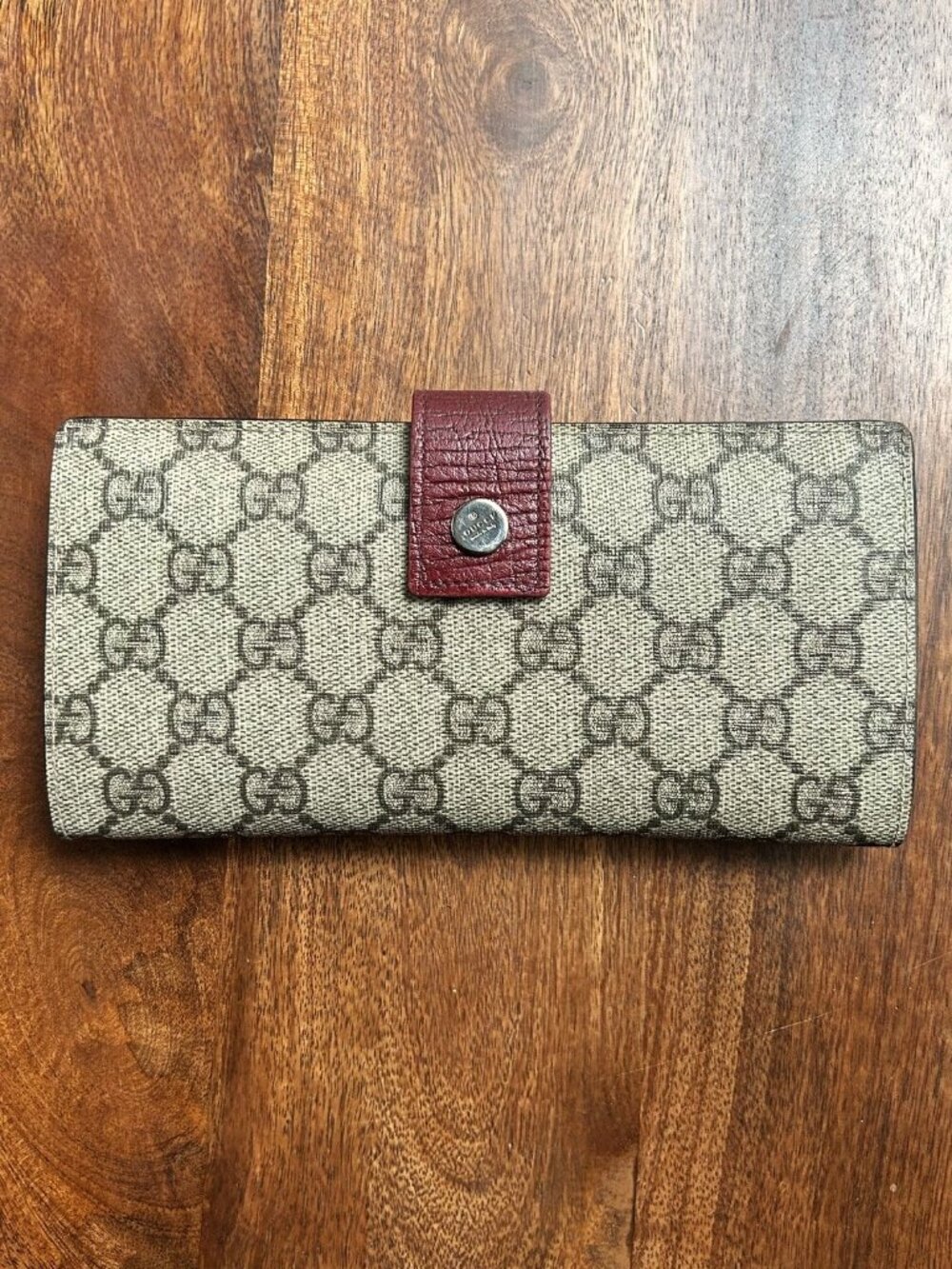 GUCCI GG Supreme Canvas and Leather Long Wallet, Beige, Burgundy